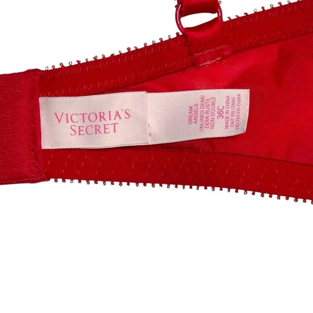 Victoria's Secret Dream Angels Unlined Demi Bra Red Pink Lace 36C